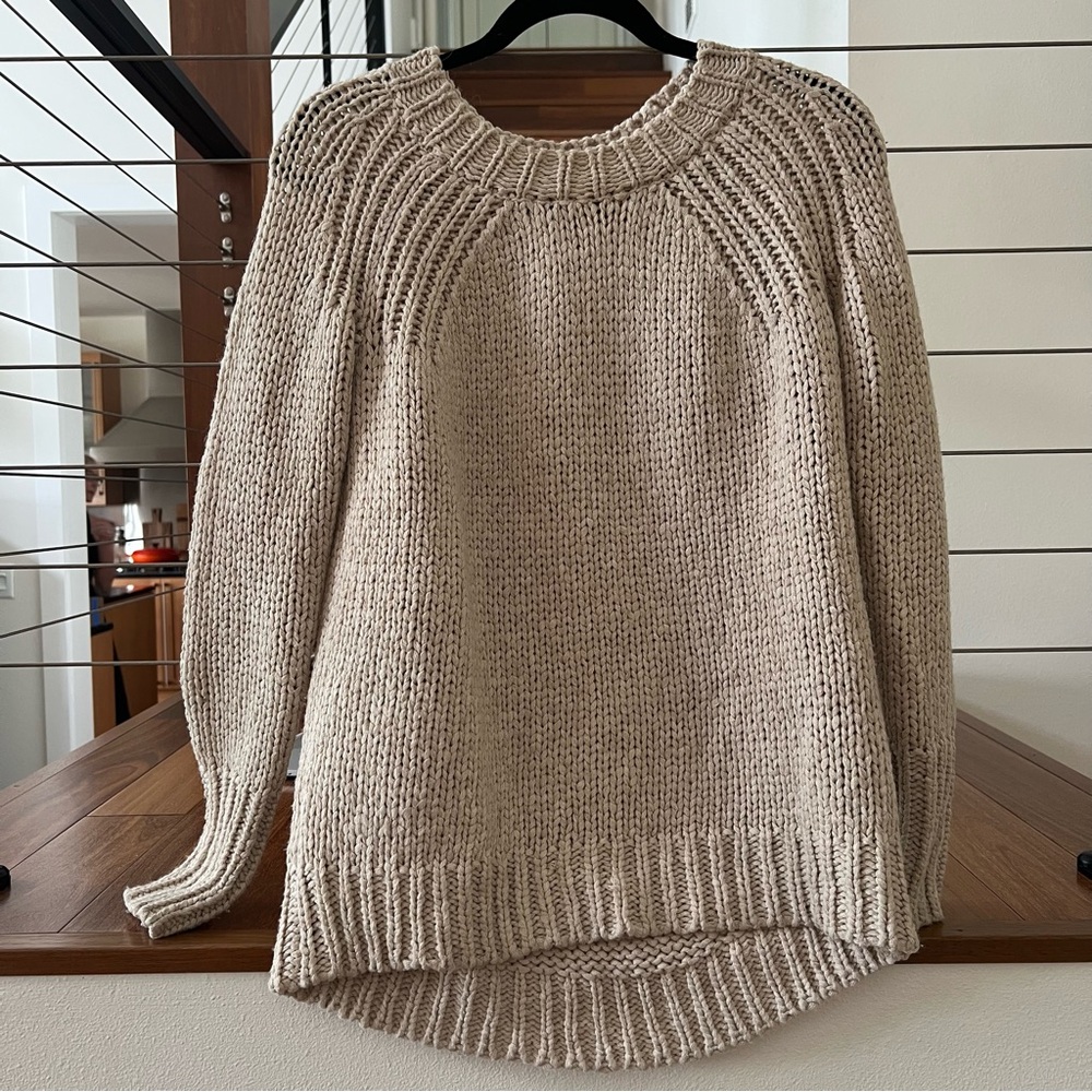 Ann Taylor Cream Crew Neck Sweater with Ribbed Details